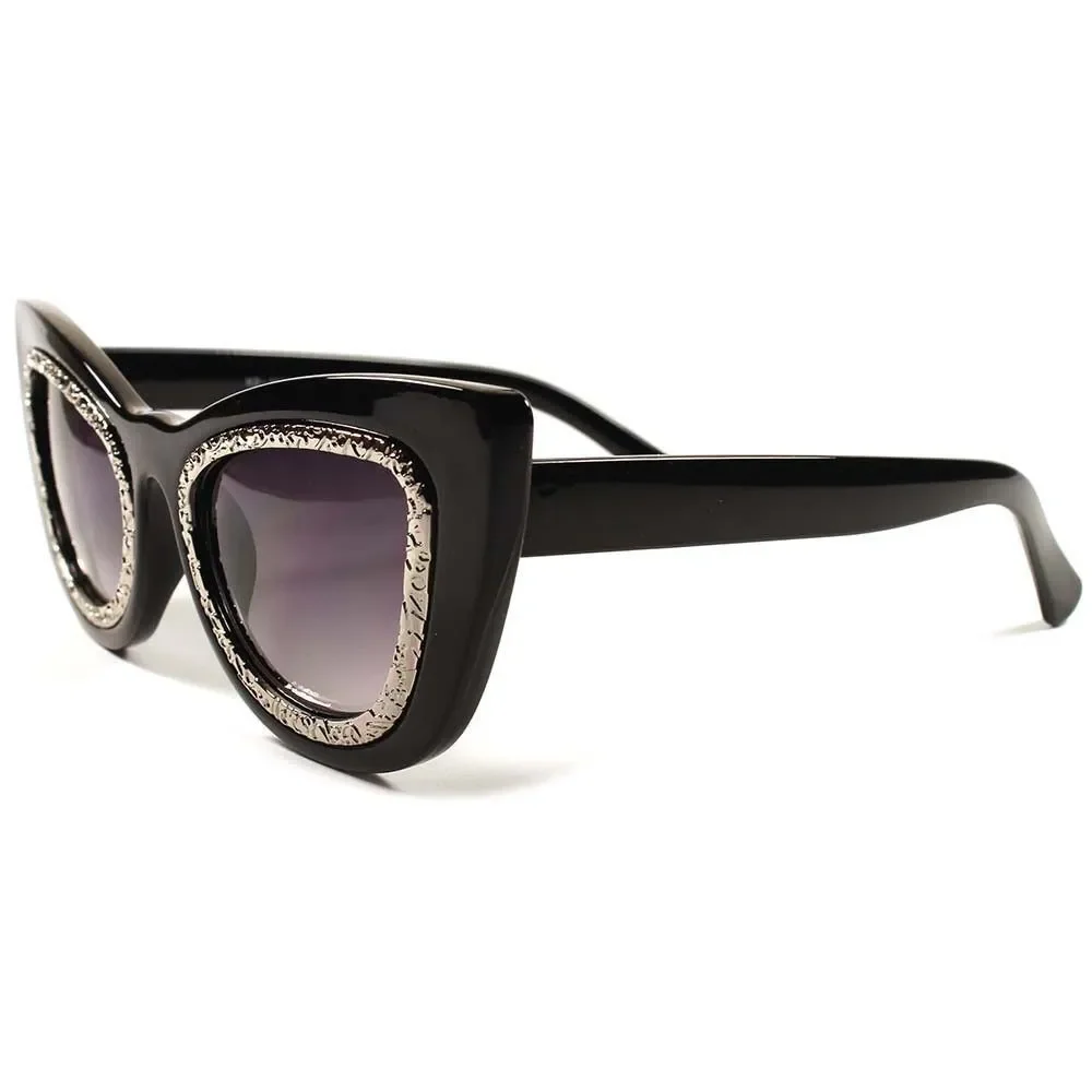 Womens Bold Glamorous Black Cat Eye Sunglasses Silver Detail Around